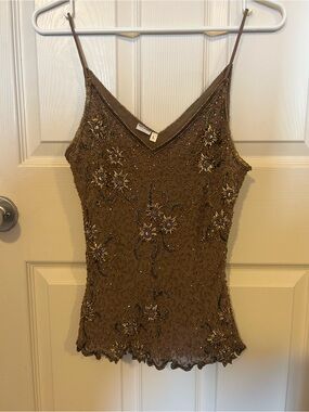 Beaded Brown V-Neck Spaghetti Strap Top